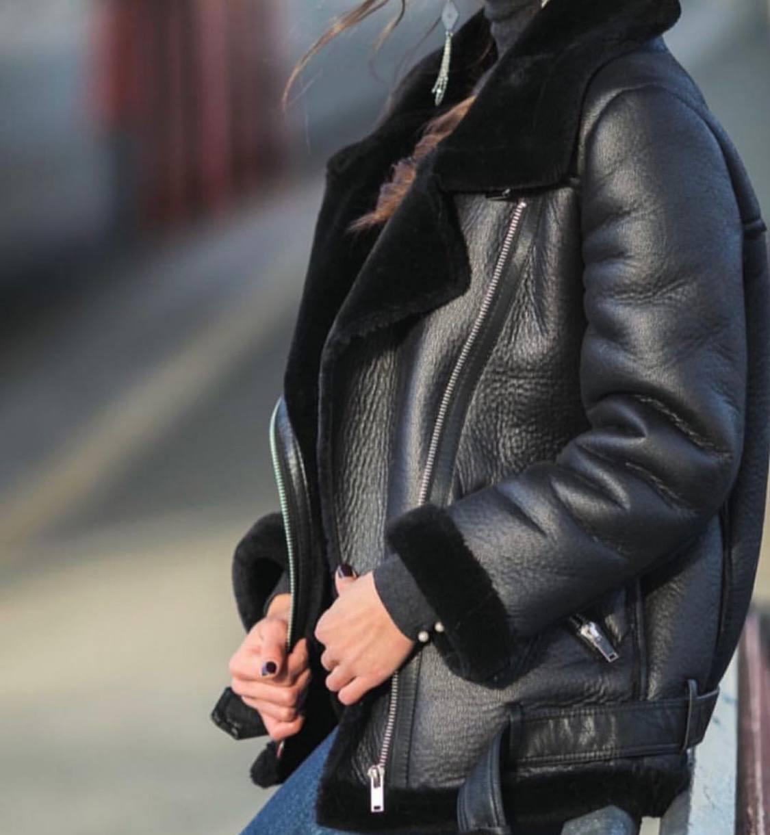 Купить Стильная черная короткая кожаная женская дубленка косуха в ...