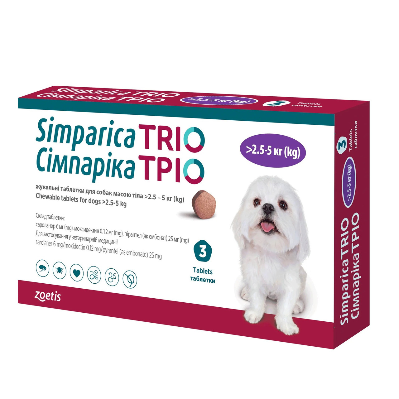 Симпарика ТРІО для собак від бліх, кліщів і гельмінтів від 2,6-5 кг (1таб)