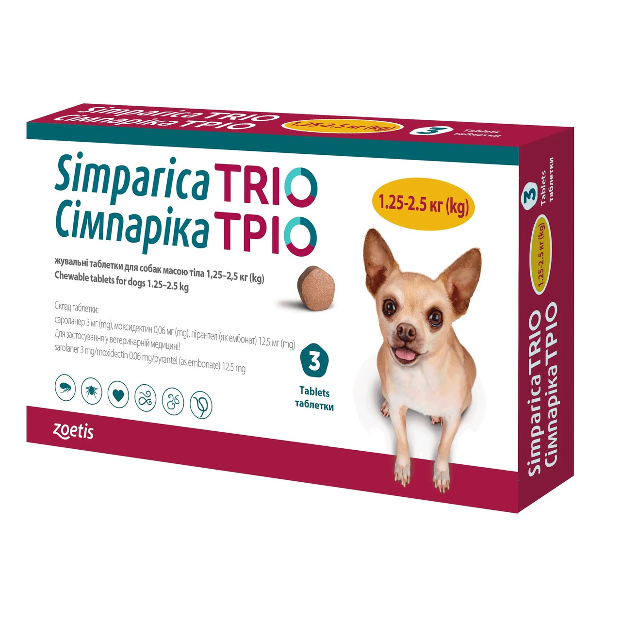 Симпарика ТРІО для собак від бліх, кліщів і гельмінтів від 1,3-2,5 кг (1таб)