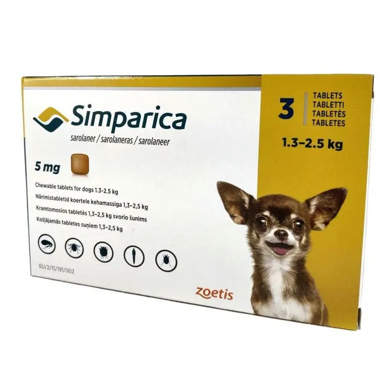 Симпарика проти бліх і кліщів для собак 5 мг від 1,3 до 2,5 кг (1таб)
