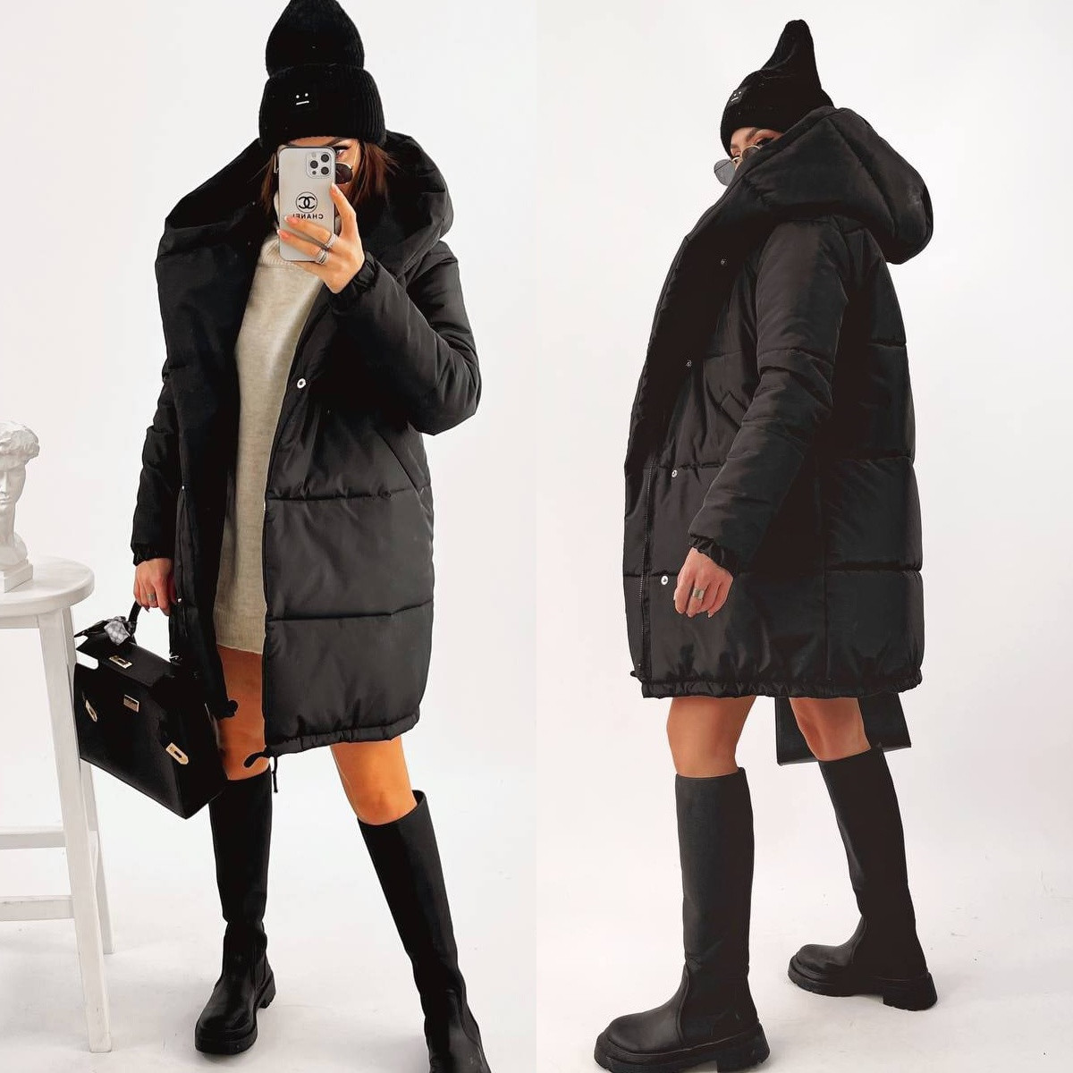 Жіноча зимова тепла плащова куртка Зефірка чорна 42-44, 46-48, 50-52, 54-56, фото 1