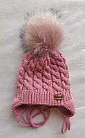 Детская шапка зимняя на завязках 0-12 месяцев и от года до трех лет, розовый цвет
