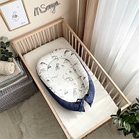 Кокон гнездо для новорожденных для сна, размер 90х65см, поплин и вафля, "Nordic" Дино синий топ