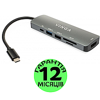 USB Hub Type-C -> 4K HDMI+USB3.0+USB 2.0+PD+кардридер Vinga, концентратор юсб хаб тайп си (тип с)