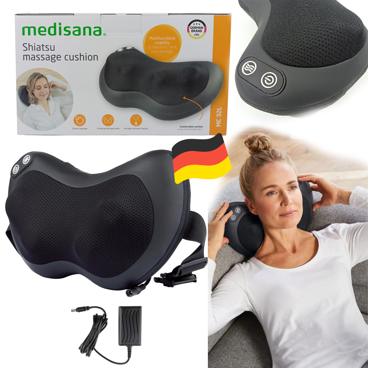 Масажна подушка Шиацу MEDISANA MC 32L з функцією червоного світла та нагрівання (Німеччина), фото 1