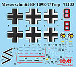 Пластикова модель 1/72 ICM 72133 німецький винищувач Bf109E-7/Trop, фото 2