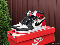 Кроссовки мужские Nike Air Jordan 1 Retro High черно-белые с красным Высокие Кожаные кроссы найк эир джордан