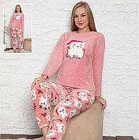 Женская стильная молодежная махровая пижама теплая Размер - L мишка розовая