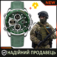 Чоловічий тактичний годинник Naviforce Fly ArmyGreen, подвійний циферблат [ будильник, підсвітка, секундомір ]