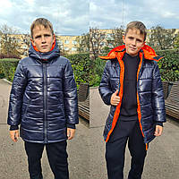 Детская зимняя удлиненная куртка пуховик для мальчика Pleses, цвет синий с оранжевым, размеры 134-164