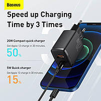 Мережевий зарядний пристрій BASEUS Compact Quick Charger 1USB/1Type-C, QC/PD, 20W, 3A, фото 3