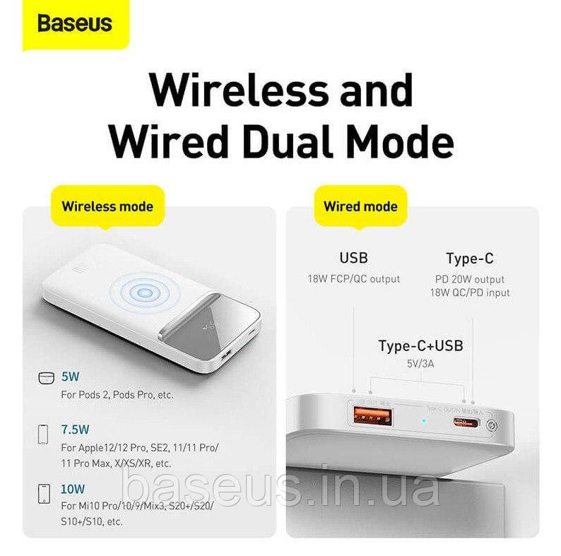 Зовнішній аккумулятор, павербанк з бездротовою зарядкою Baseus Magnetic Wireless 10000mAh, 20W, white