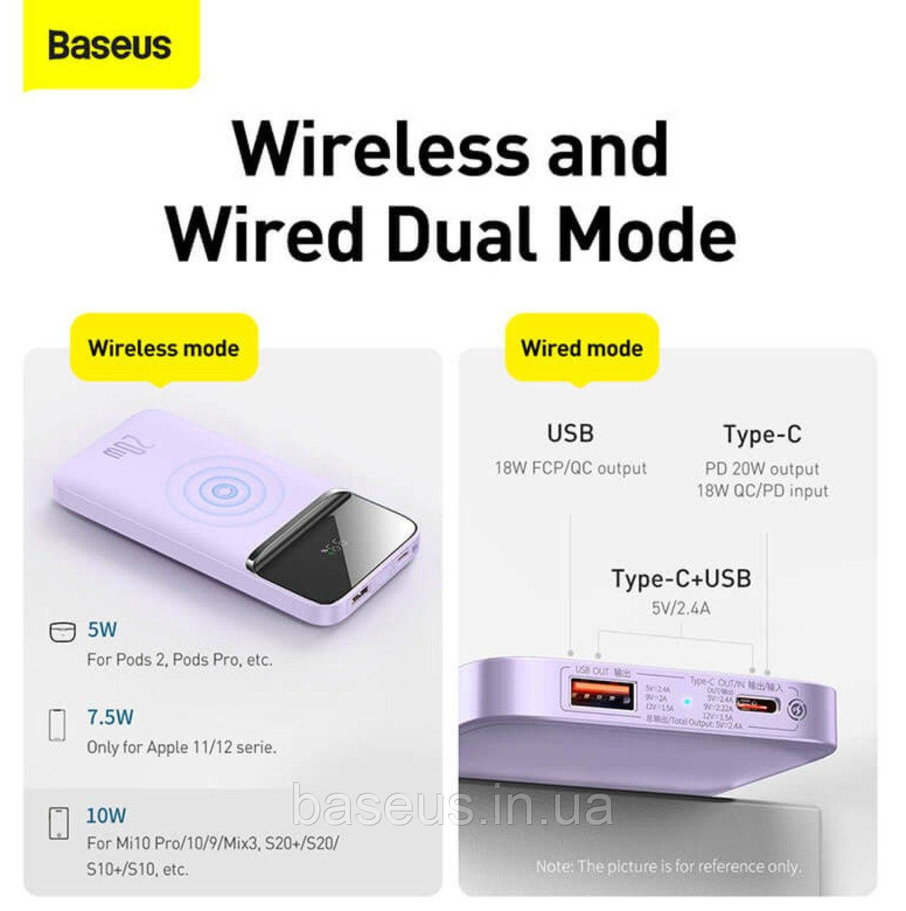 Зовнішній аккумулятор, павербанк з бездротовою зарядкою Baseus Magnetic Wireless 10000mAh, 20W, purple