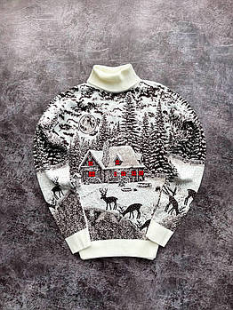 Чоловічий новорічний светр із оленями та будиночками білий із горлом вовняний