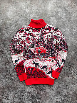 Чоловічий новорічний светр з оленями та будиночками червоний із горлом вовняний