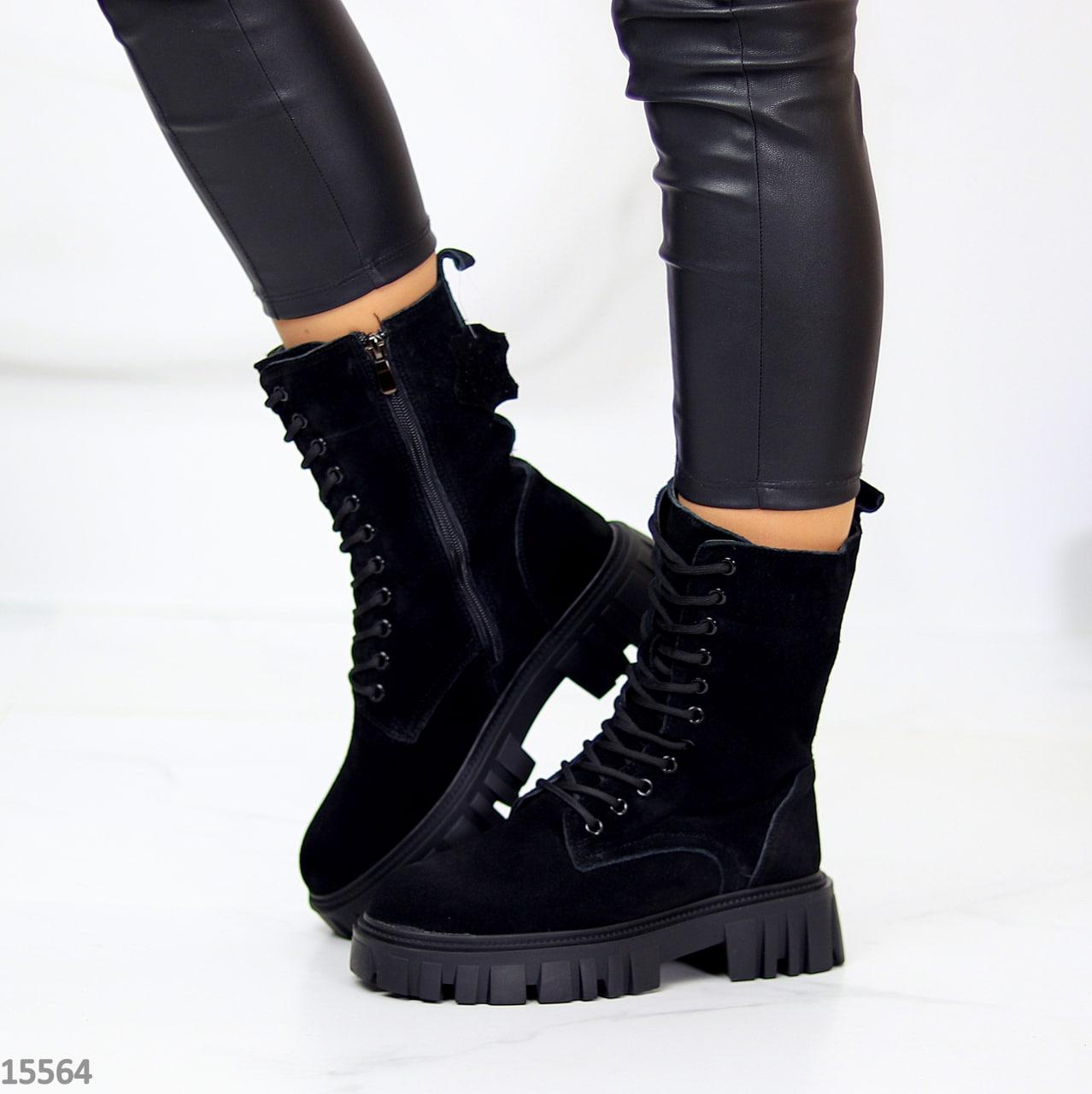 Женские замшевые ботинки-берцы зимние модные молодежные черные натуральная замша - фото 4 - id-p1688046477