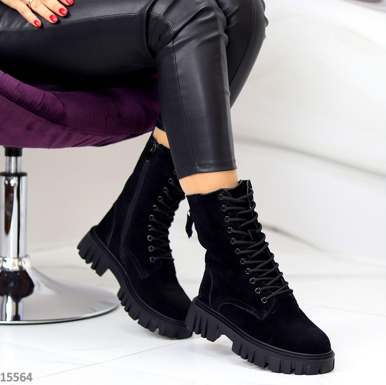 Женские замшевые ботинки-берцы зимние модные молодежные черные натуральная замша - фото 9 - id-p1688046477