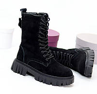 Женские замшевые ботинки-берцы зимние модные молодежные черные натуральная замша