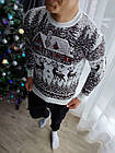 Чоловічий новорічний светр з оленями та будиночками білий без горла вовняний, фото 2