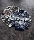 Чоловічий новорічний светр з оленями та будиночками білий без горла вовняний, фото 5