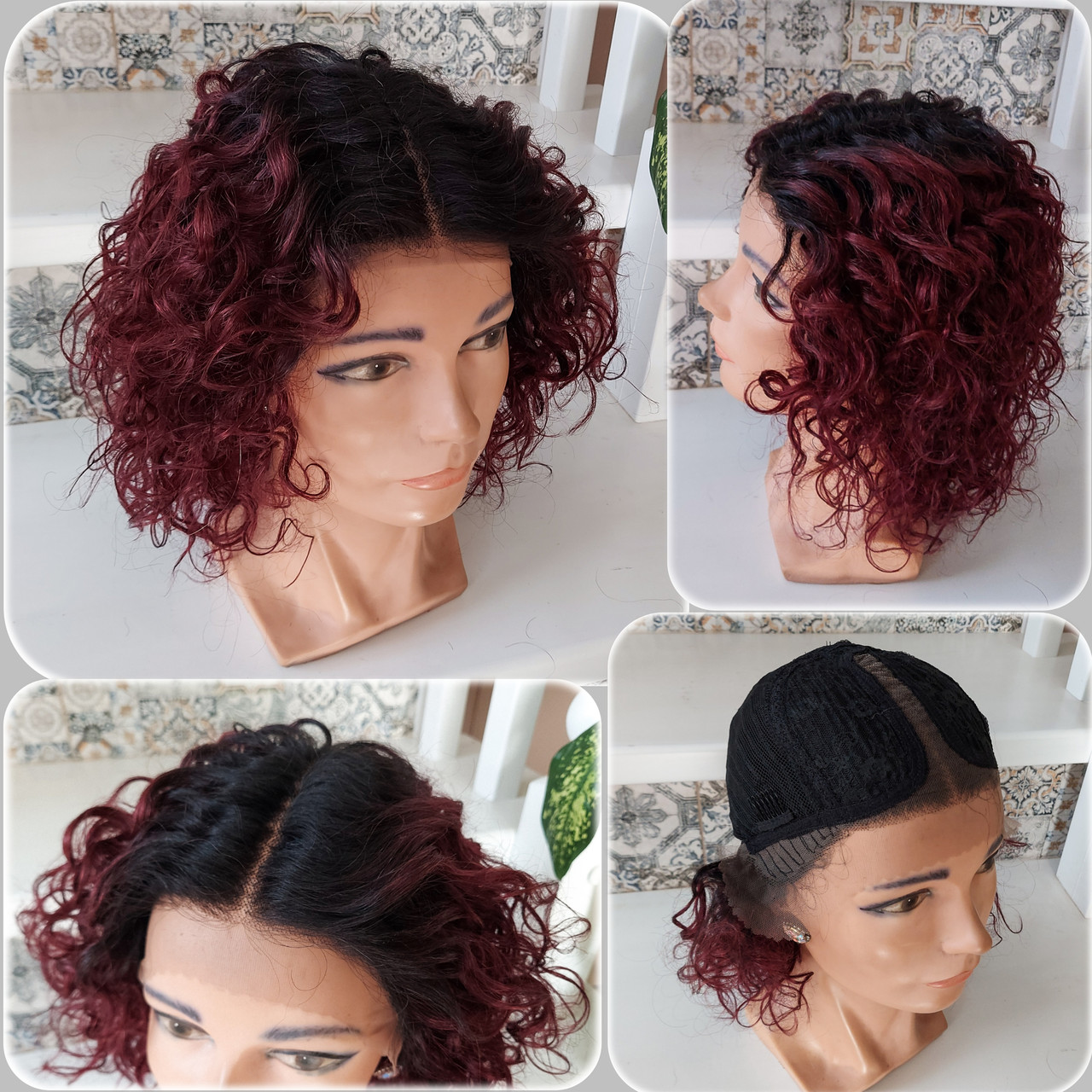 Перука кучерява з натурального волосся з проділом бургунд омбре MONA 12"- T1B/99J, фото 1