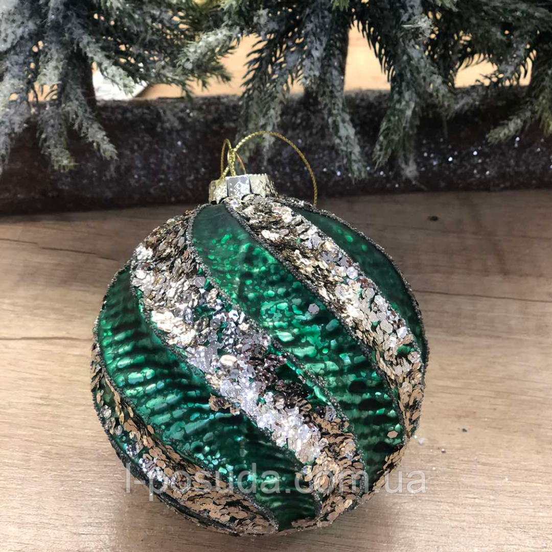 Елочный шар с рельефом и декором из глиттера, 10см, цвет - классический зелёный - фото 1 - id-p1281877476