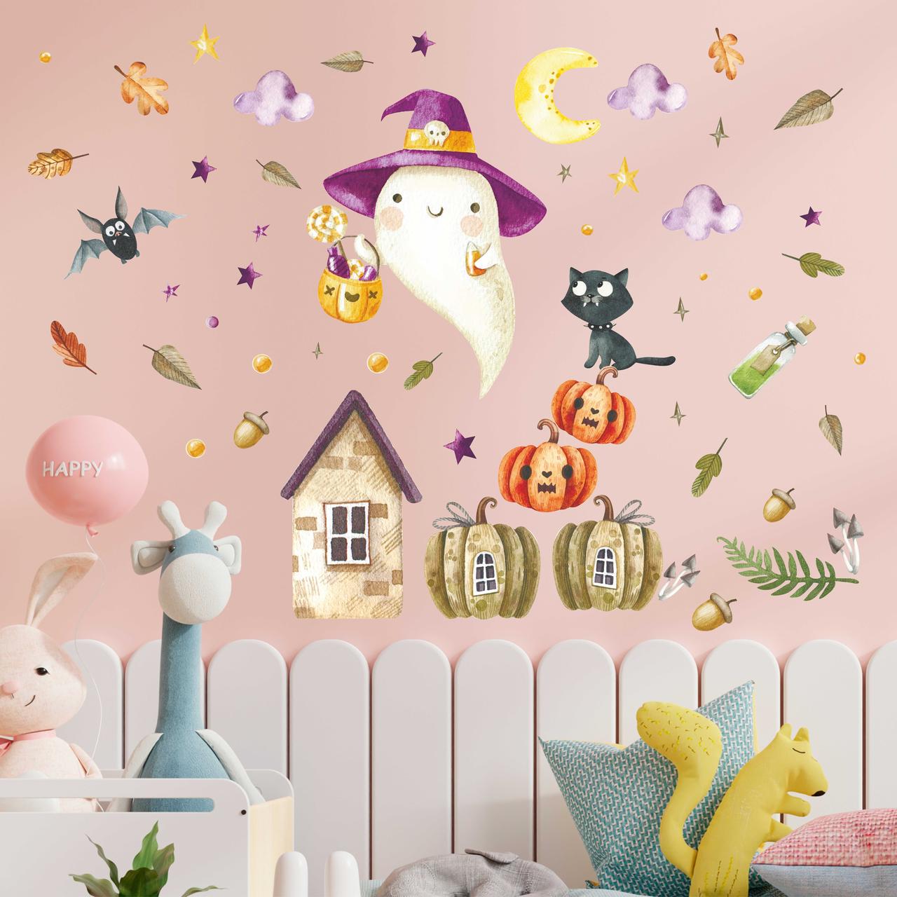 Наклейки на стіни для хелоуїн Веселий привид (кажан гарбуз чорний кіт) матова Набір М 1100х500мм