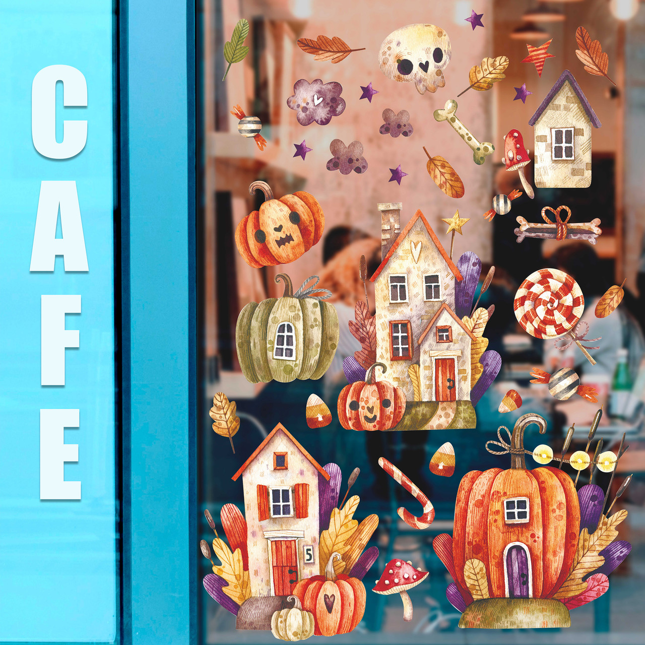 Інтер'єрні наклейки Хеллоуїн Гарбузове містечко (гарбузи будиночки череп кістки) матова Набір М 1100х500мм