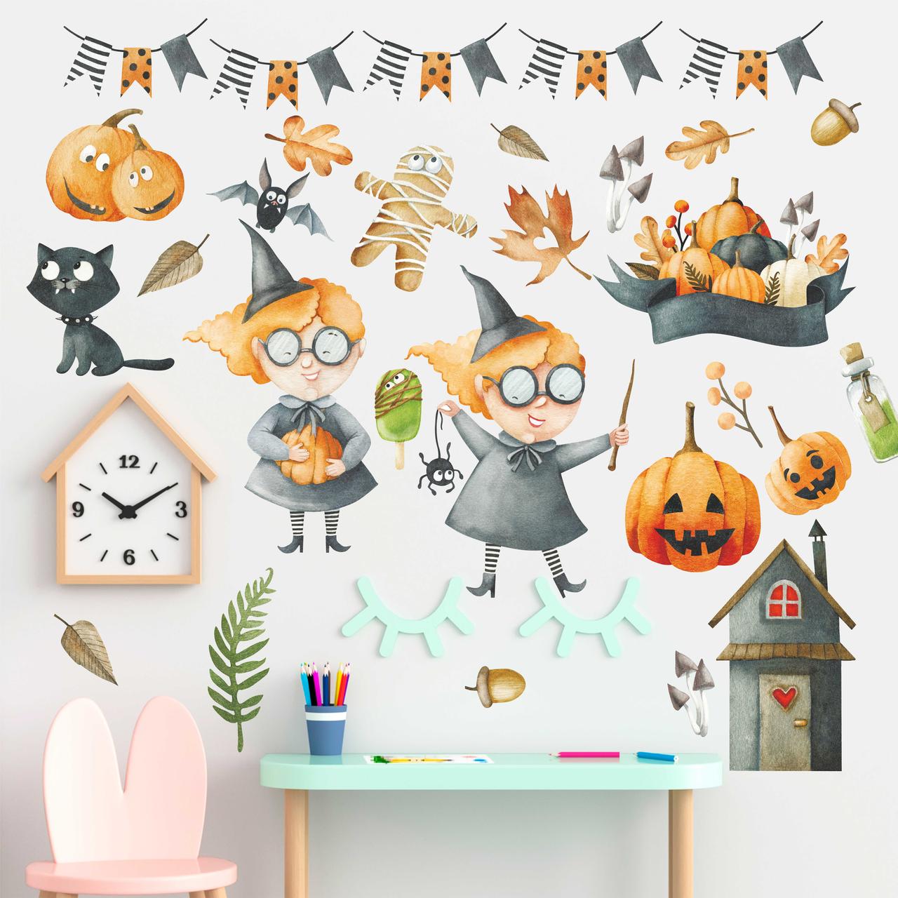 Наклейки хелловін декор Веселі відьмочки (прапорці гарбузи кажани відьми) матова Набір М 1100х500мм, фото 1