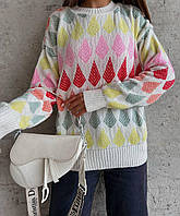 Белый вязаный свитер с геометрическими узорами оверсайз женский (р. 42-46) 68KF2097