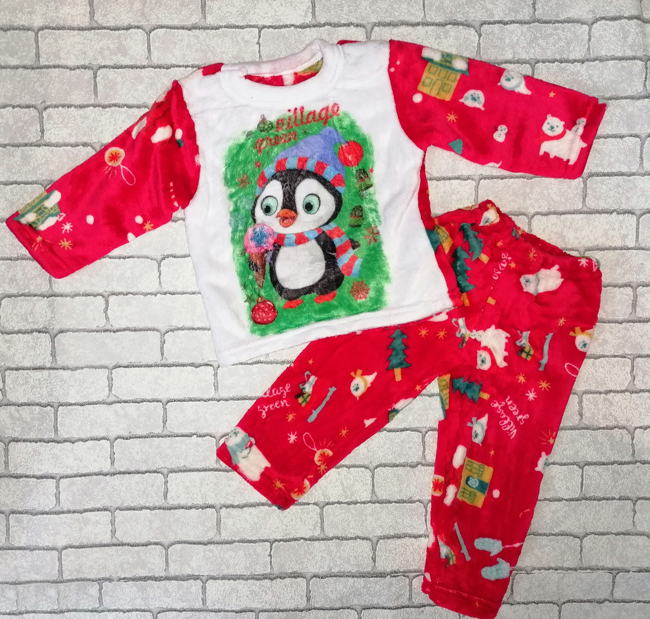 Дитяча махрова новорічна піжама "Пінгвін". Дитяча зимова червона піжамка