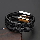 Шкіряний браслет на застібці чоловічий стильний чорний замок хром, фото 3