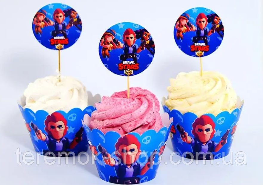 Топпери паперові дитячі для капкейків Ігрові платформи Битва зірок 6 кошиків обгорток та 6 верхівок, фото 1