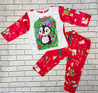 Детская махровая новогодняя пижама "Пингвин". Детская зимняя красная пижамка