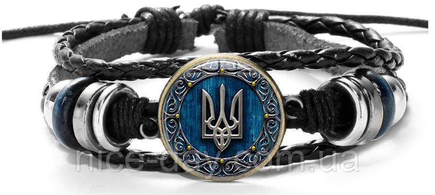 Патріотичний плетений браслет із еко шкіри з Гербом та прапором України Чорний, чоловічий браслет на руку, Тризуб, фото 1