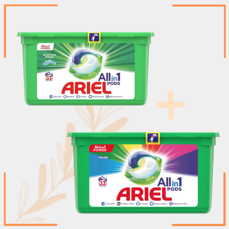 Набір для прання капсули Ariel 3в1 для кольорової та капсули для прання білої білизни 33+33 шт