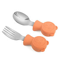 Приборы металлические детские ложка и вилка с силиконовыми ручками Панда Оранжевые PRM-Y25
