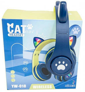 Бездротові дитячі навушники CAT EAR YW-018 з котячими вушками з підсвічуванням MP3 MicroSD FM-радіо синій, фото 4