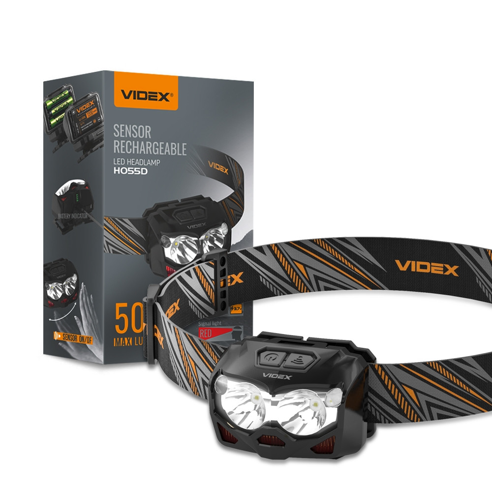 Налобний світлодіодний ліхтарик Videx H055D 500 Lm 5000K, змінний акумулятор/3*AAA
