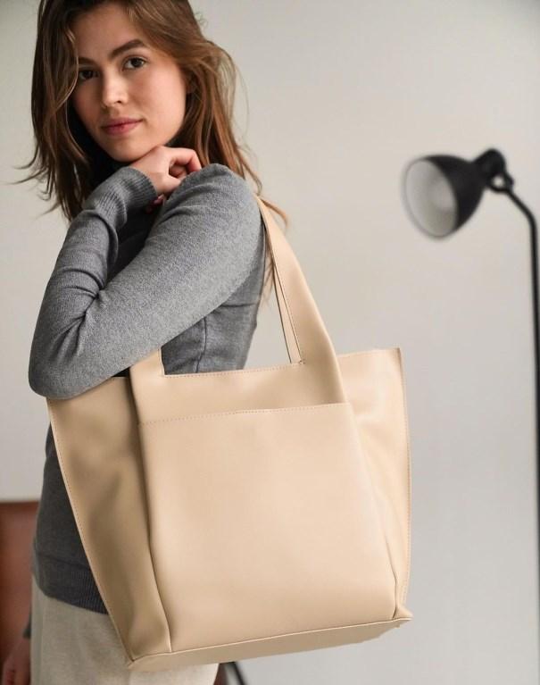 Жіноча бежева сумка-шоппер на плече з екошкіри, велика містка сумочка на кожен день