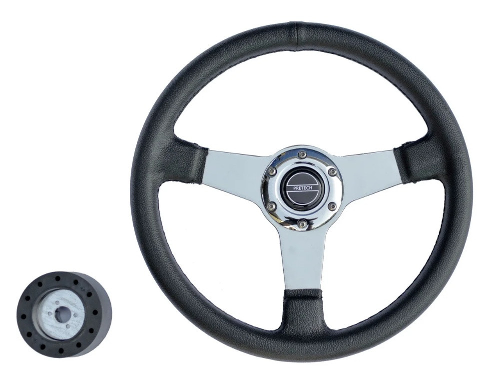 Кермо PRETECH 5125 330 мм, PU, спиці хром, чорний для човна, фото 1