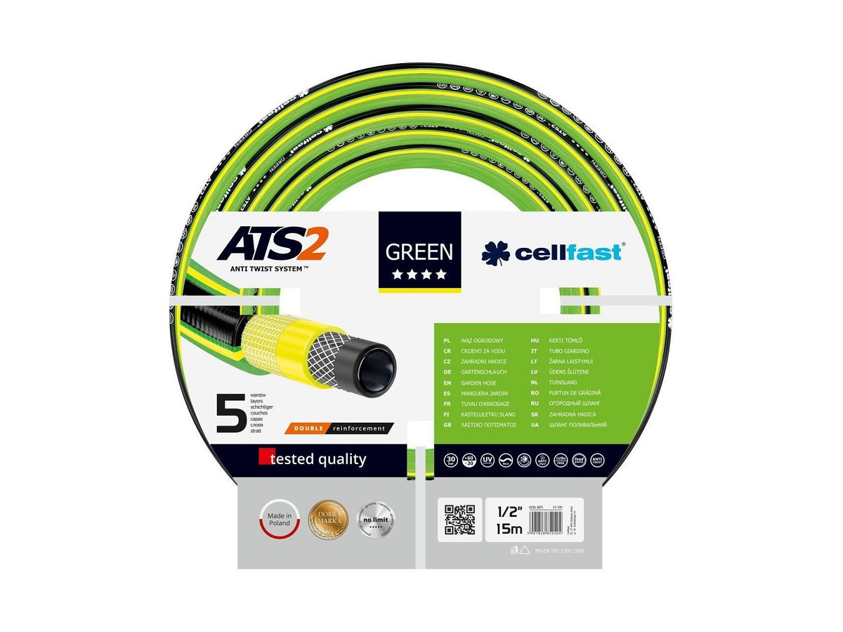 Поливальний шланг Cellfast GREEN 1/2 дюйма 15 м п'ятишаровий садовий — 15-104