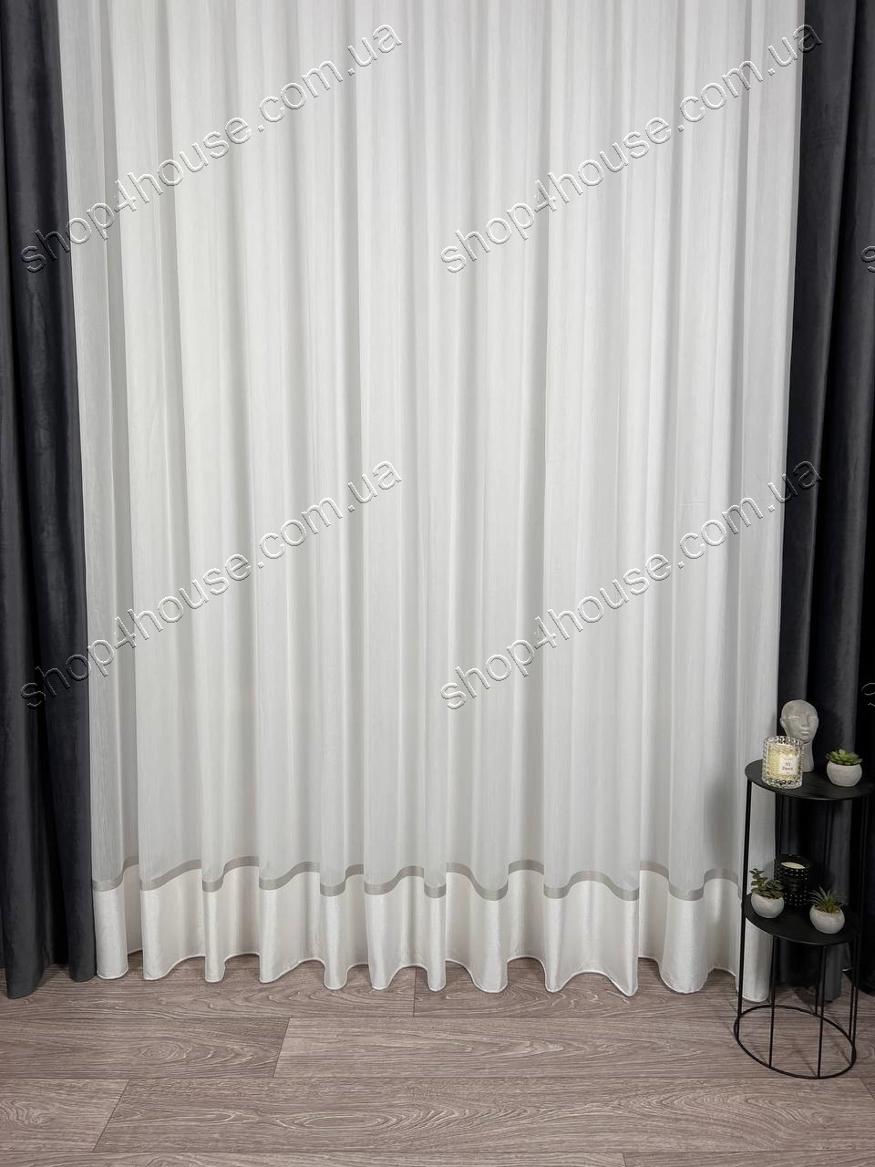 Ціна за 480смХ275см! Тюль з полосою низом на основі тай-бамбука. Колір: молочний з сірим, фото 1