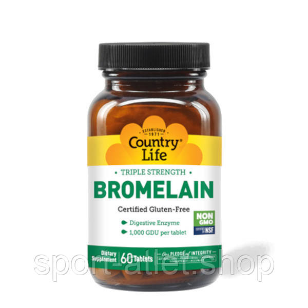 Натуральна добавка Country Life Bromelain 500 mg Triple Strength, 60 таблеток, фото 1
