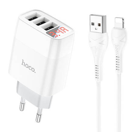 Зарядний пристрій (зарядка) для телефону Hoco C93A 3 х USB 3.4 A + кабель Lightning Білий (C93A), фото 1