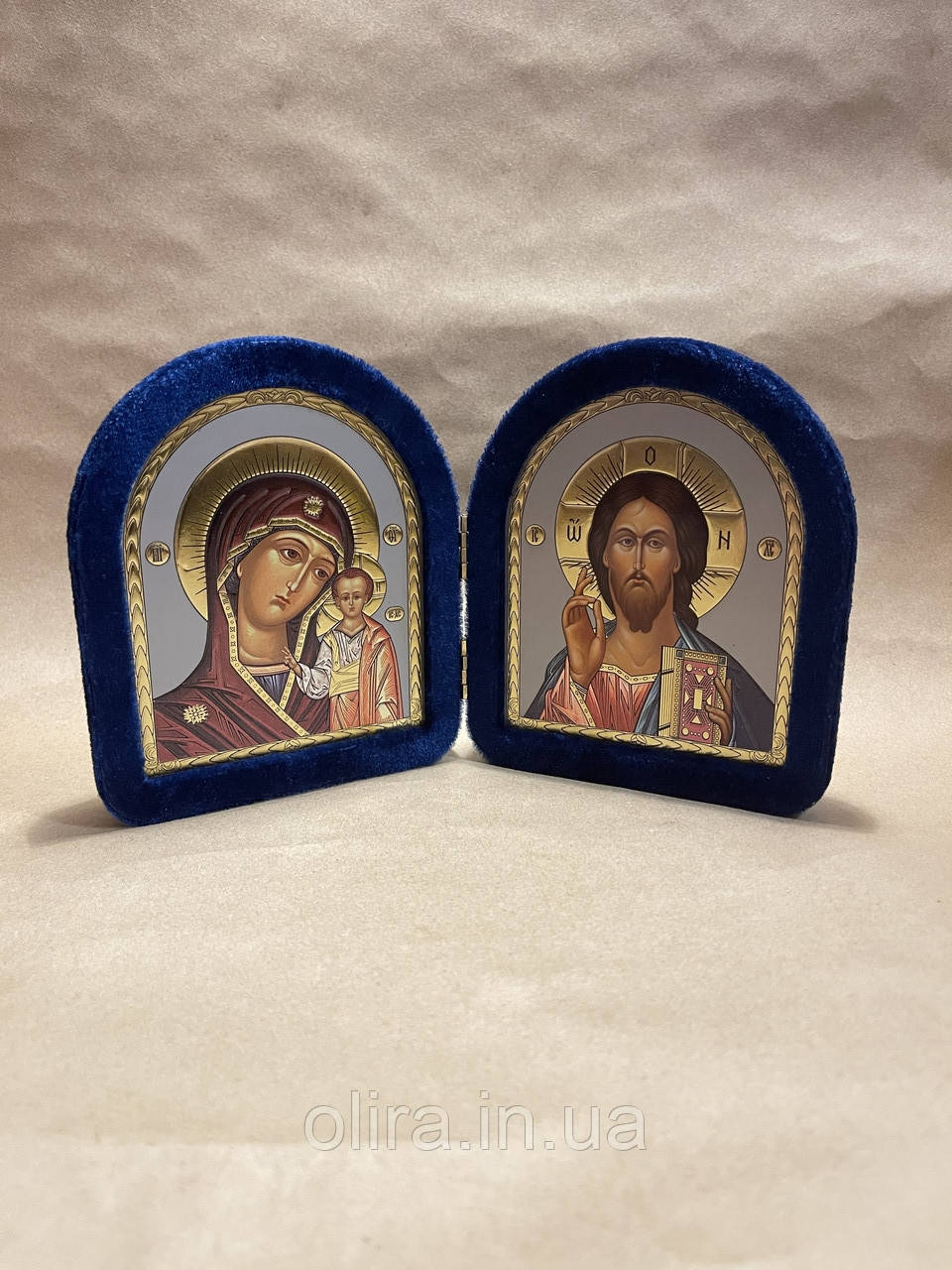 Парна ікона в оксамиті Діва Марія і Ісус Христос