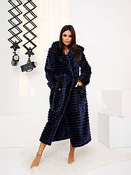 Халат жіночий домашній теплий довгий з капюшоном махровий wellsoft на запах колір синій