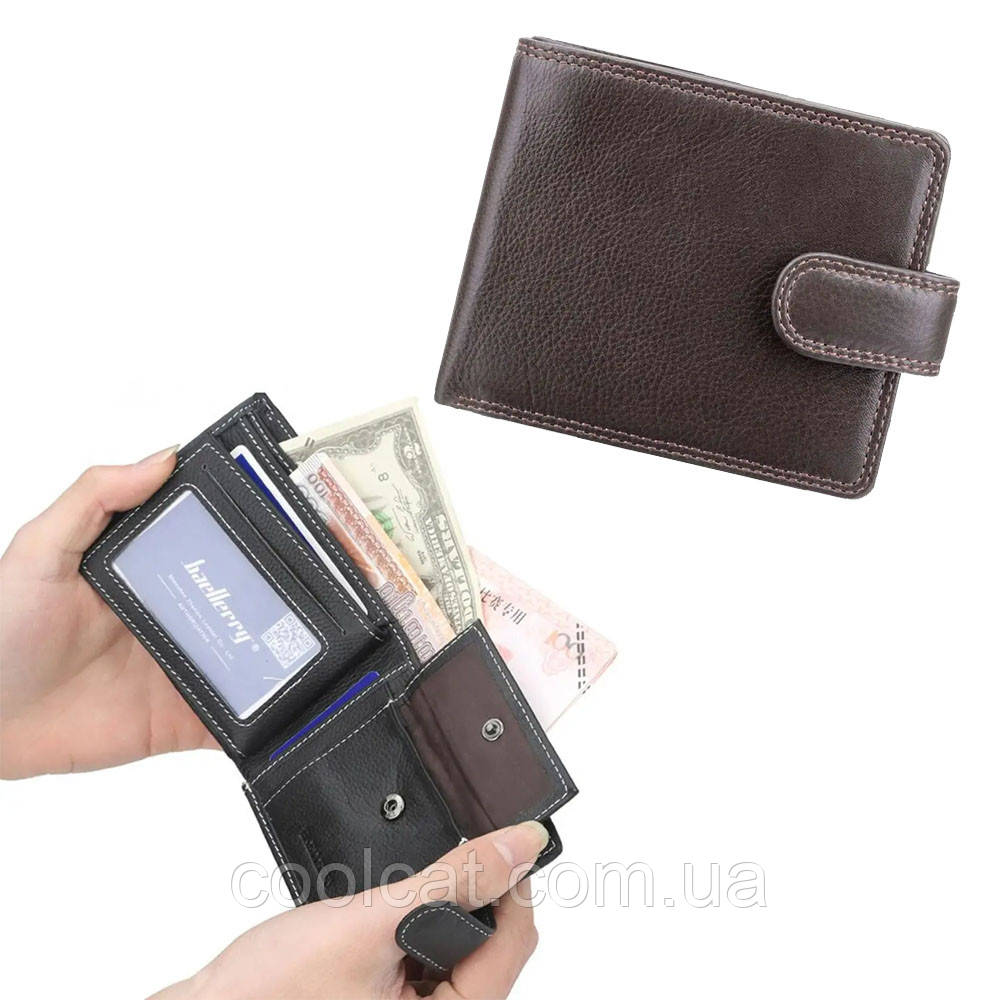 Чоловічий шкіряний гаманець Jinbaolai (9х11х2,5 см), Коричневий / Чоловіче портмоне з кнопкою / Клатч чоловічий