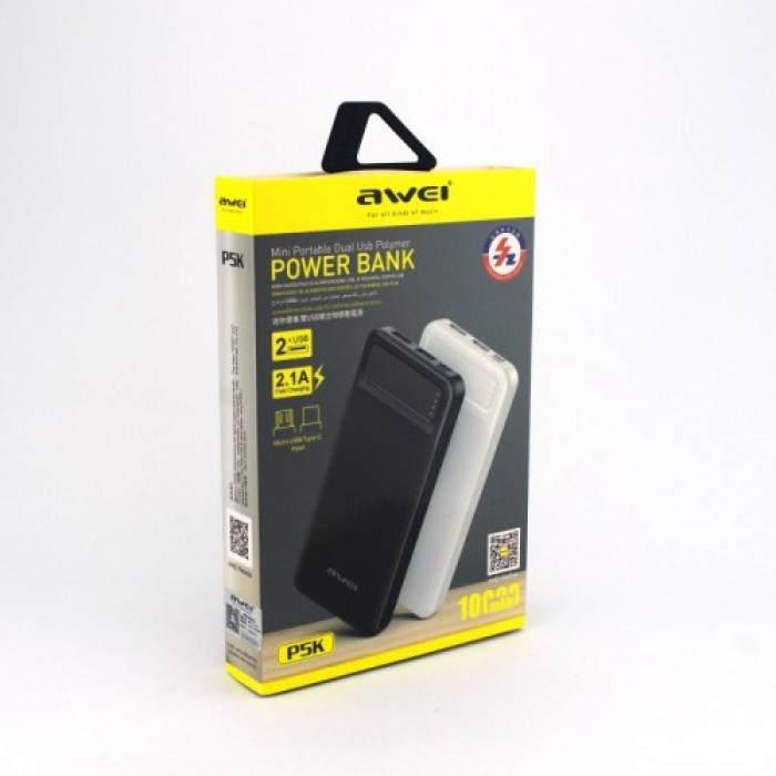 Внешний аккумулятор Power bank AWEI P5K 10000 Mah батарея зарядка Белый - фото 3 - id-p1688446607