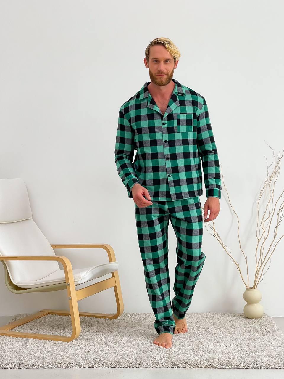 Тепла зимова фланелева чоловіча піжама двійка штани та сорочка одяг для дому та сну зелений, фото 1